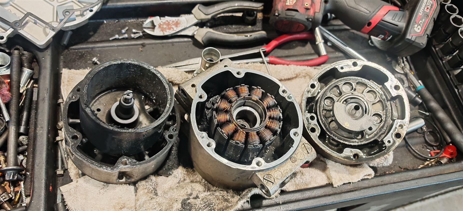 Electric motor stator repair components at Car Avenue workshop
