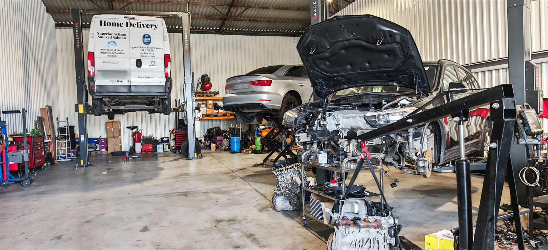 Engine removal using a workshop crane at Car Avenue in Ashbourne